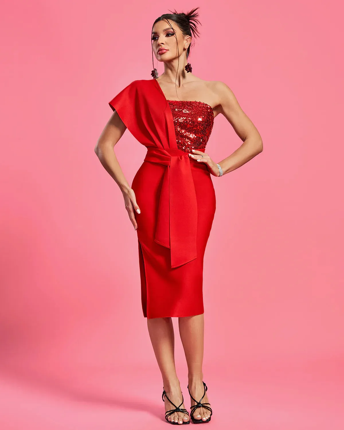 AGNES One Shoulder Sequins Midi Bandage Dress