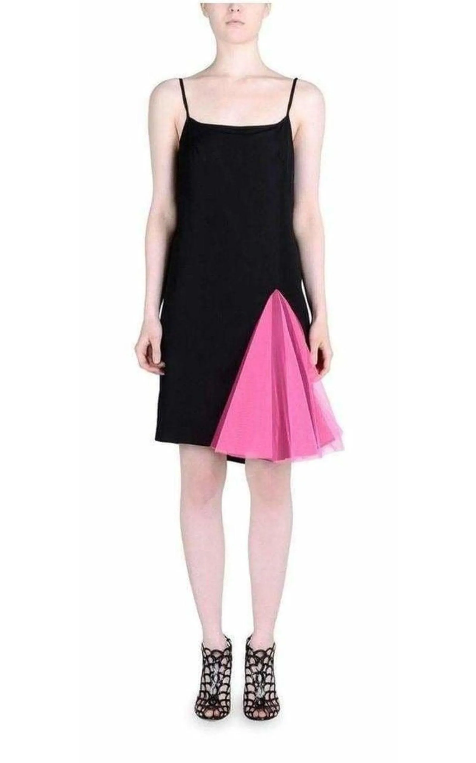 Black Strappy Dress With Neon Pink Godets