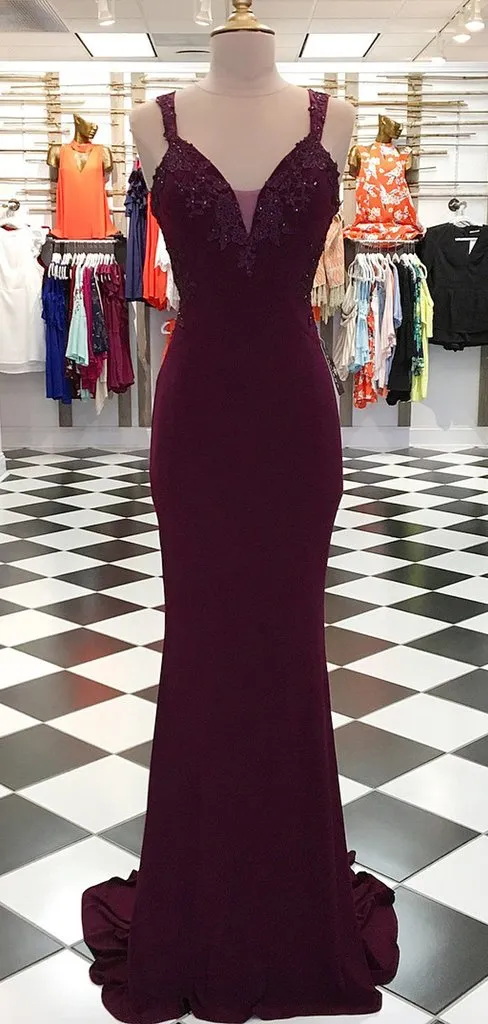 Elegant Maroon Lace & Jersey Mermaid Prom Dress - Long, Dark Red Gown