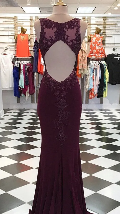 Elegant Maroon Lace & Jersey Mermaid Prom Dress - Long, Dark Red Gown