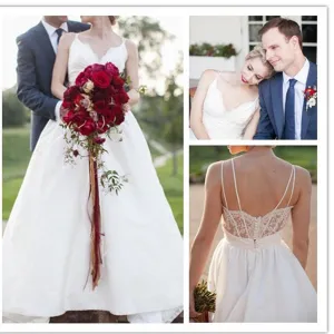 Elegant  A-line Spaghetti Strap White Lace Top V-neck Button Back Gorgeous Wedding Dresses, WD0096