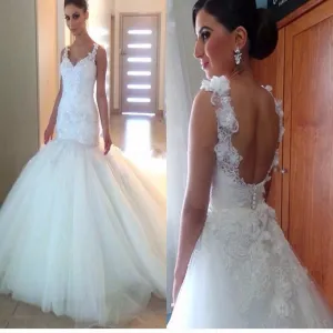 Elegant Spaghetti Strap Appliques Mermaid Ball Gown Open Scoop Back  V-Neck Tulle Train Wedding Dresses. DB0082