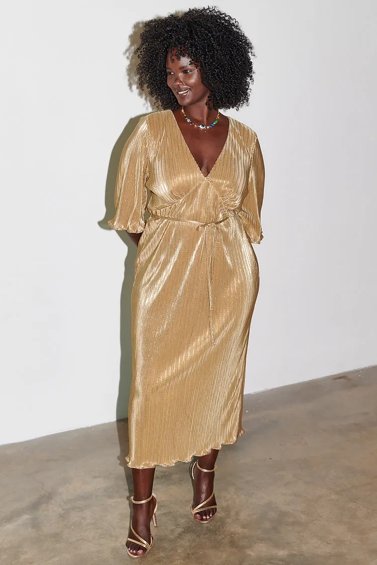 Elegant Petite Gold Plisse Dress - Stylish, Flattering Fit for Special Occasions