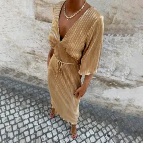Elegant Petite Gold Plisse Dress - Stylish, Flattering Fit for Special Occasions