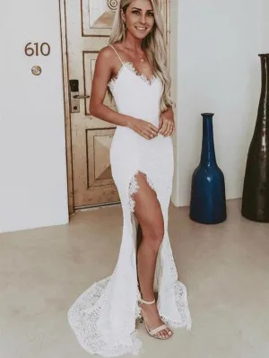 Lace Spaghetti Straps Sleeveless Wedding Dresses, Long Slit Bridal Gowns