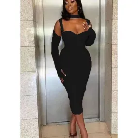Optimized Title: Stylish Long Black Bandage Dress with Sleeves