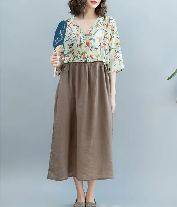 Patchwork Summer Cotton Linen Spring Women Dresses QZ200523