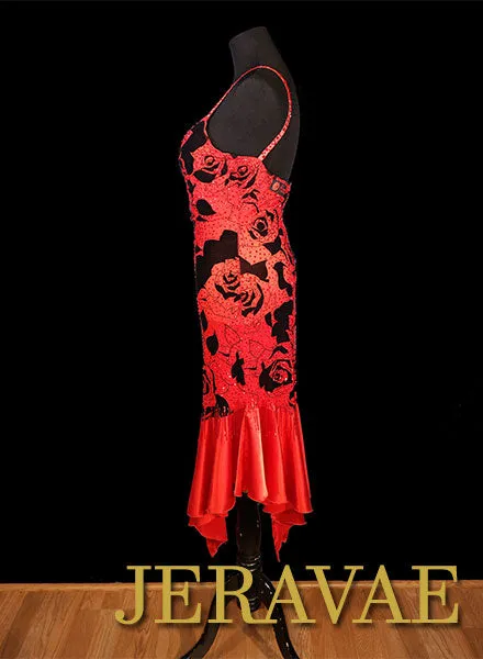 Resale Fiore Designs Red and Black Rose Burnout Velvet tango Latin/Rhythm Dress Sz M/L Lat092