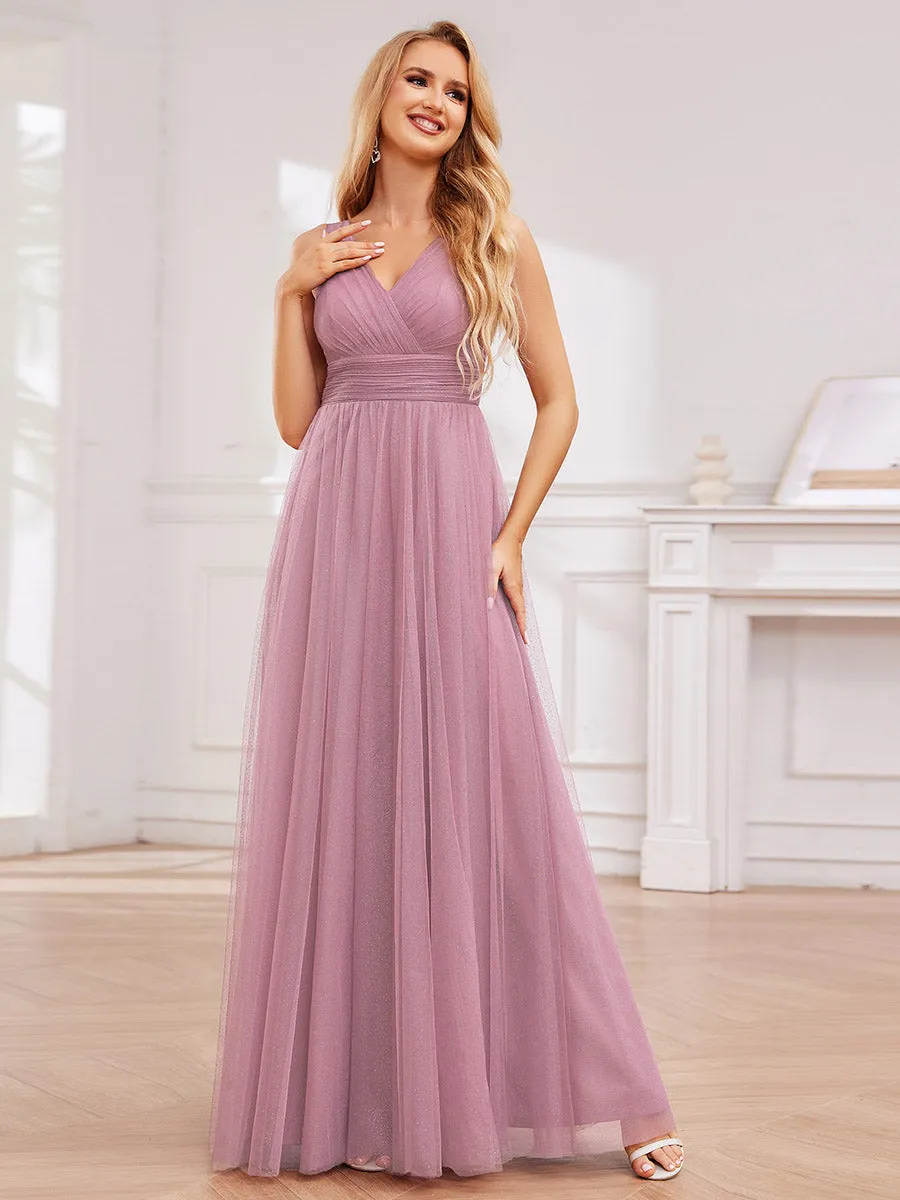 Robe de demoiselle d'honneur scintillante taille haute et fente avec col en V