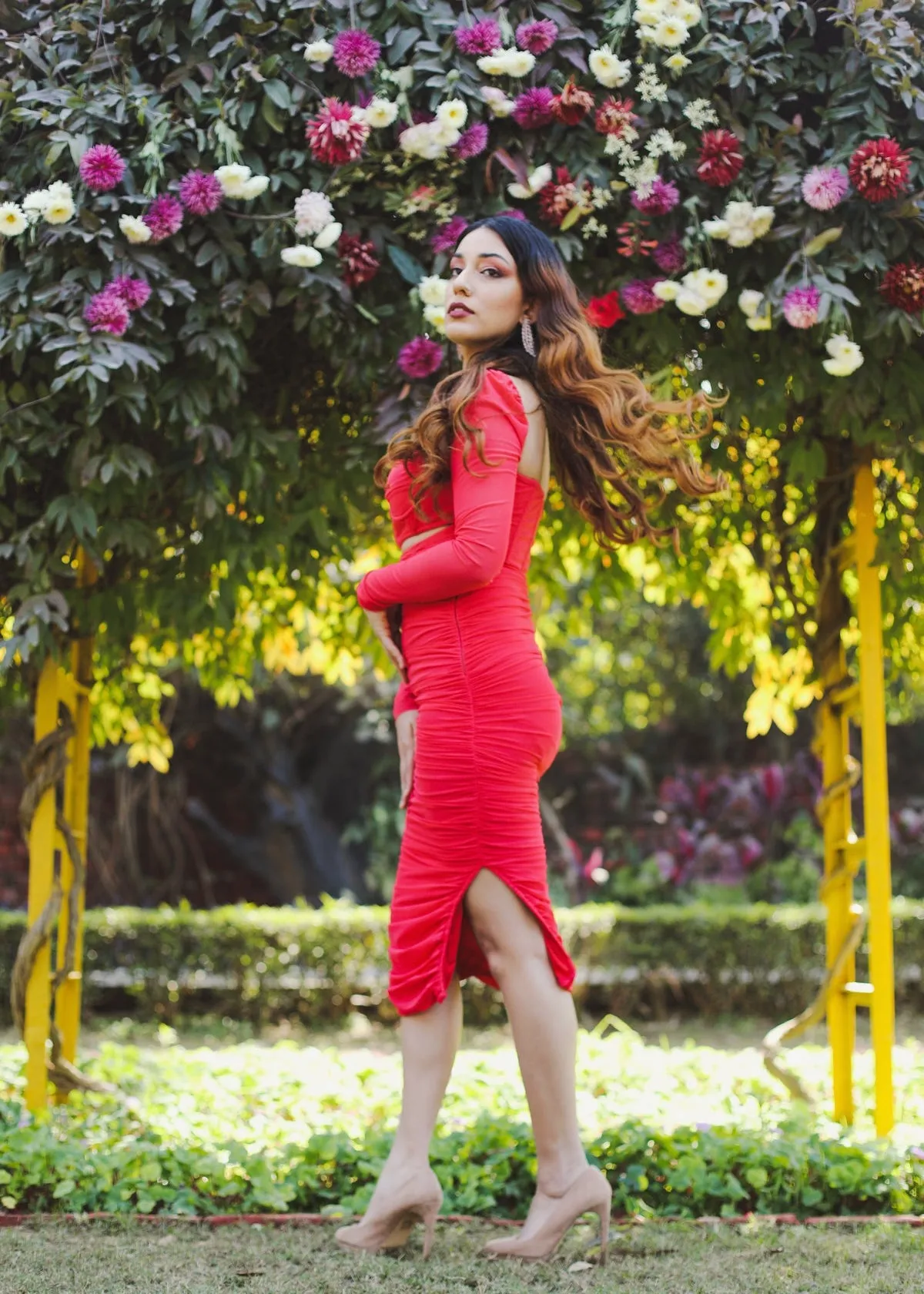 Tatiana Red Ruched Mesh Midi Corset Dress