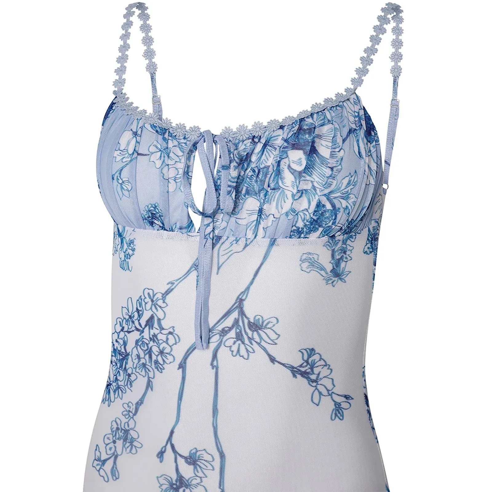 Trim Mini Bodycon Floral Print Low Cut Tie-Up Sleeveless Cami Backless Summer Lace Dress