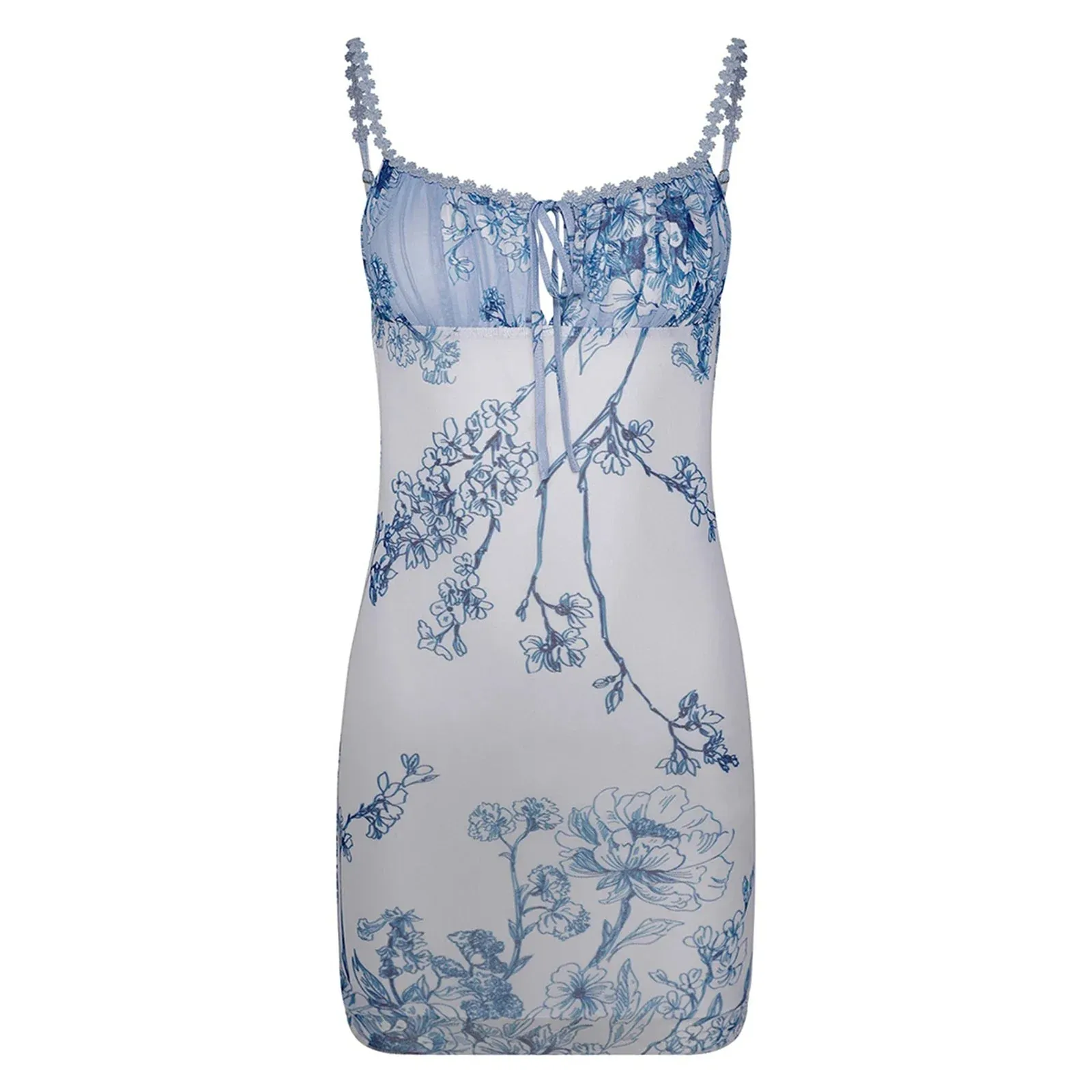 Trim Mini Bodycon Floral Print Low Cut Tie-Up Sleeveless Cami Backless Summer Lace Dress