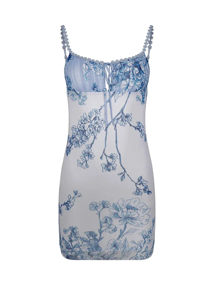 Trim Mini Bodycon Floral Print Low Cut Tie-Up Sleeveless Cami Backless Summer Lace Dress