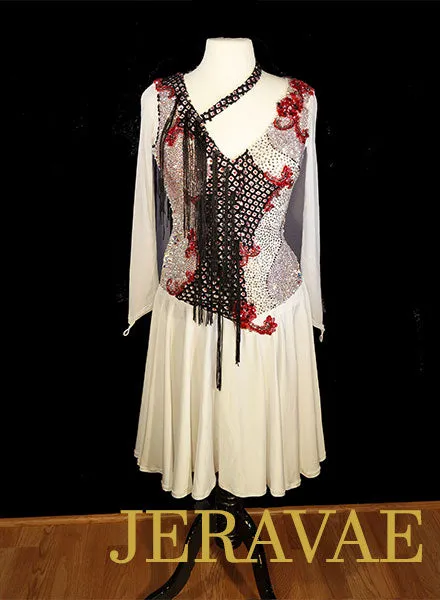 White Black and Red Fringe Latin Dress with Long Sleeves and Fishnet Sz L Lat208