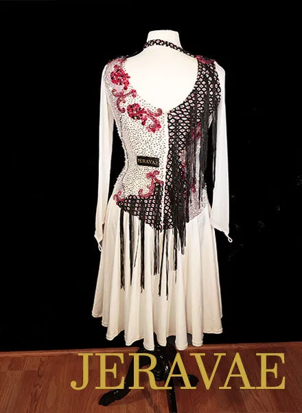 White Black and Red Fringe Latin Dress with Long Sleeves and Fishnet Sz L Lat208