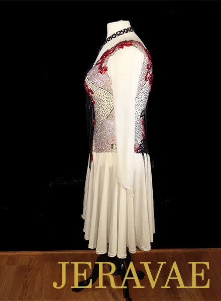 White Black and Red Fringe Latin Dress with Long Sleeves and Fishnet Sz L Lat208