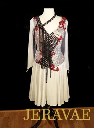 White Black and Red Fringe Latin Dress with Long Sleeves and Fishnet Sz L Lat208